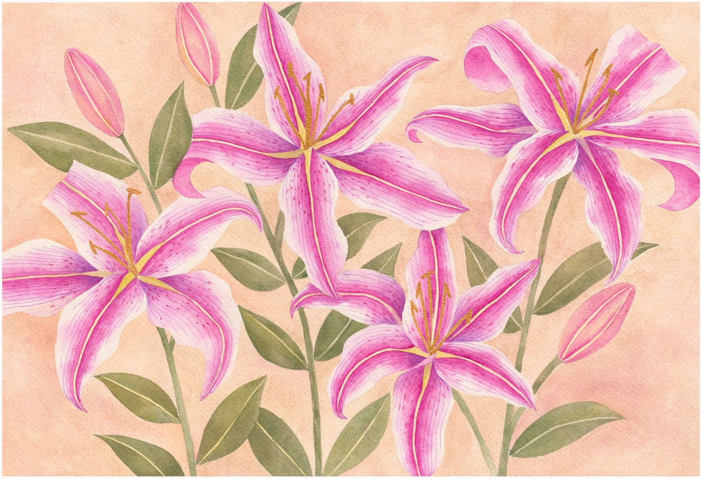 A printed artwork featuring pink lilies with green leaves on a beige background.